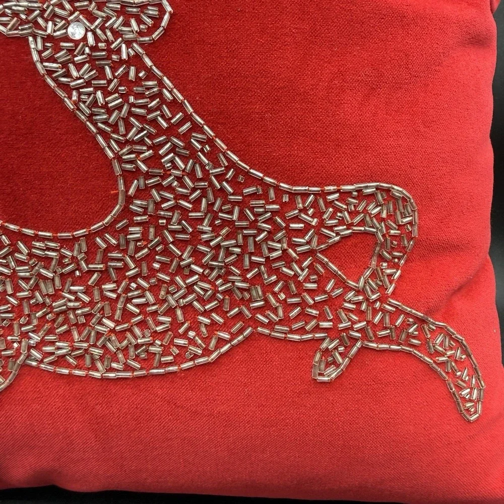 Pier 1 One Red Velvet Holiday Christmas Reindeer Throw Pillow 17